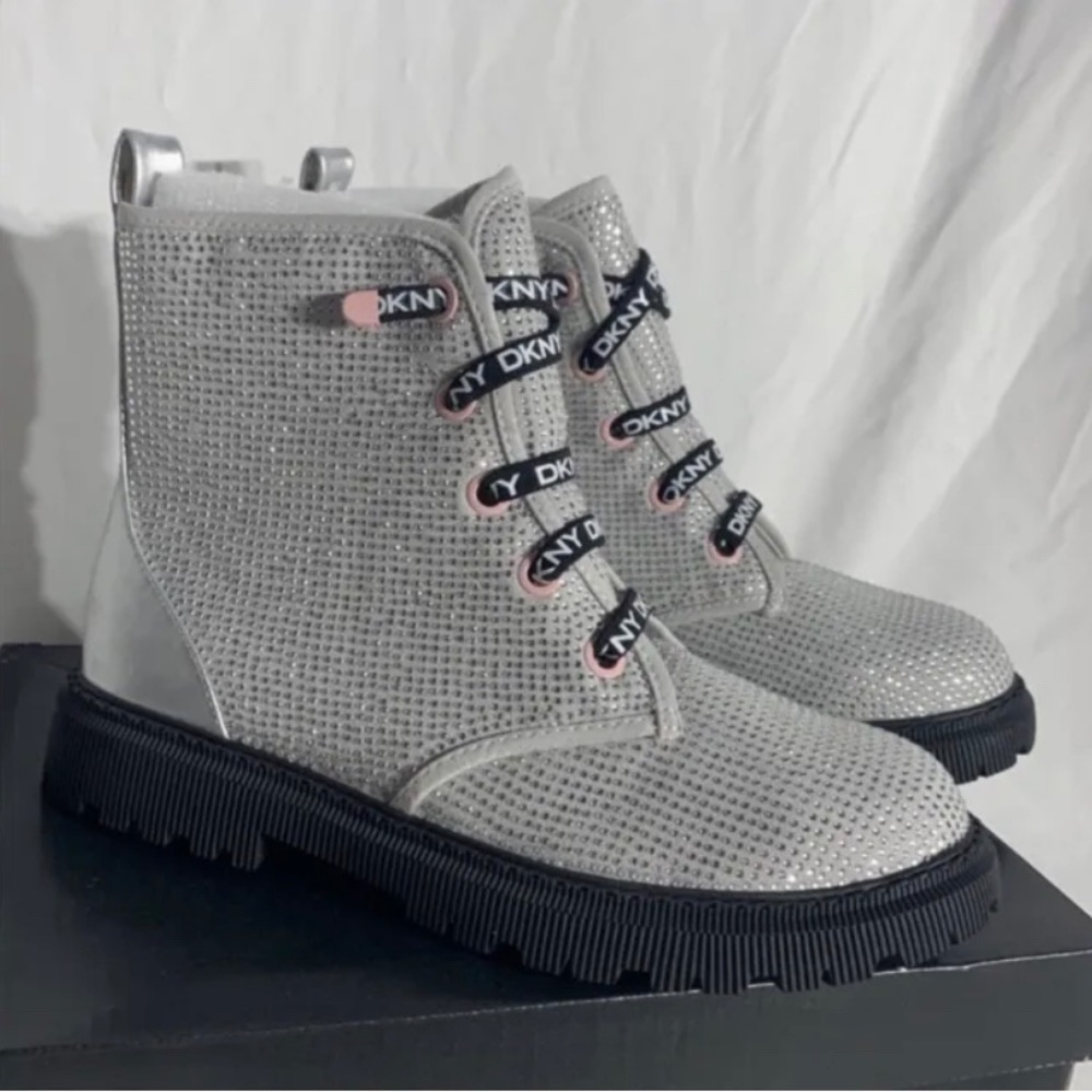 Dkny Shoes Toddler Girl Silver Black Rhinestone Combat Boots SZ 12 NEW